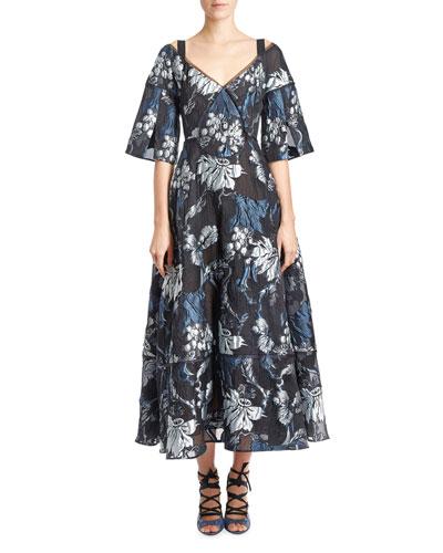 Floral Brocade V-neck Tea-length Gown, Black/blue