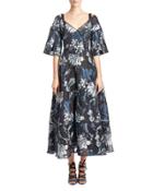 Floral Brocade V-neck Tea-length Gown, Black/blue