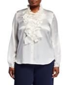 Plus Size Ruffle Silk Blouse W/ Dolphin Hem