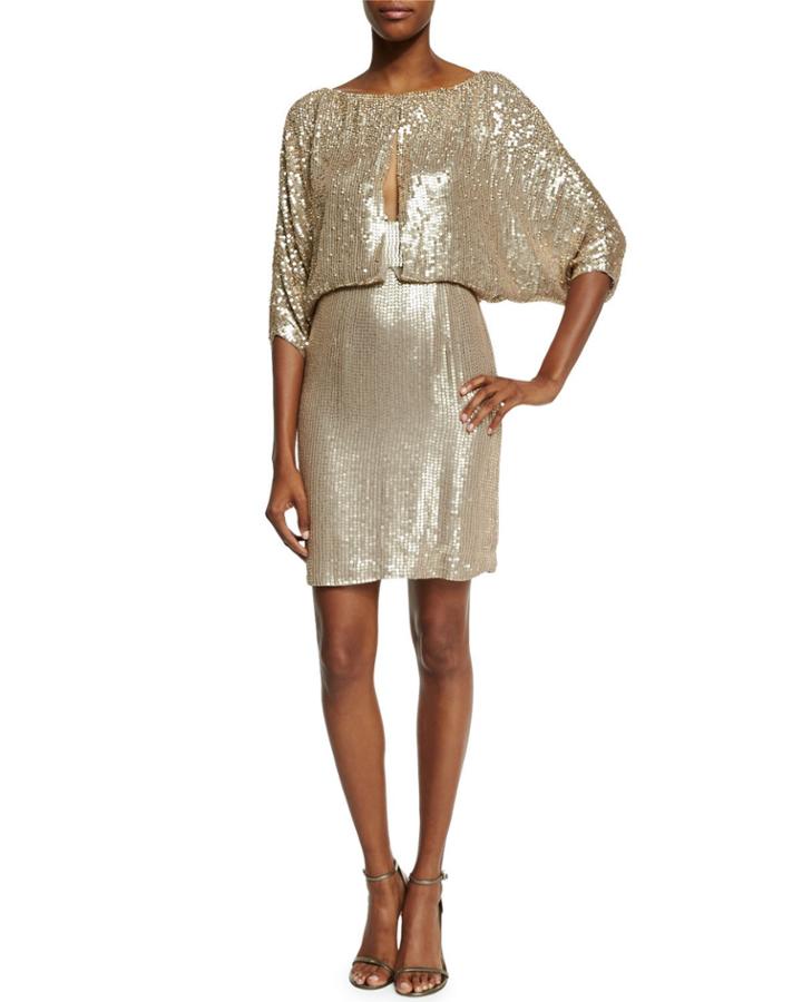 3/4-sleeve Draped-bodice Cocktail Dress, Dawn Gold
