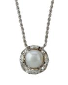 18k White Gold Pearl & Diamond Pendant Necklace