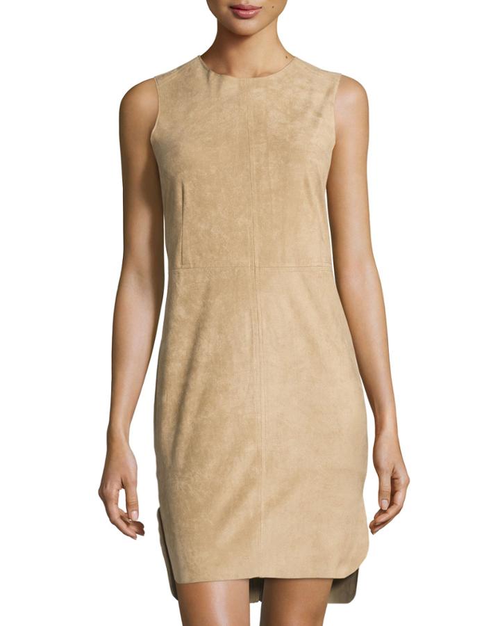 Cusp By Neiman Marcus Sleeveless Faux-suede Dress, Camel, Women's,