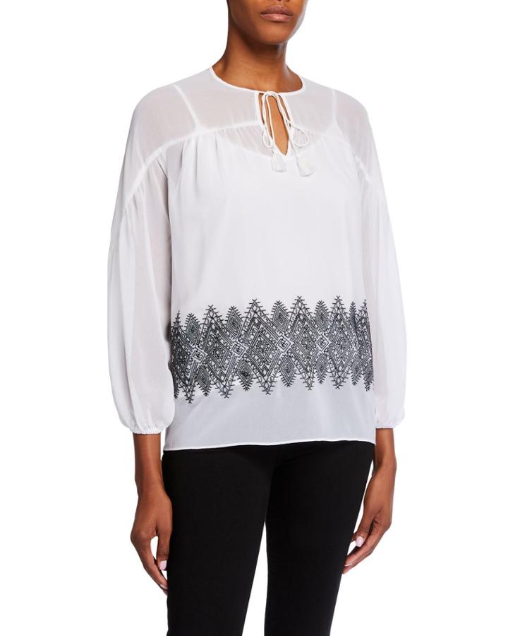 Embroidered Peasant Tassel Tie Blouse