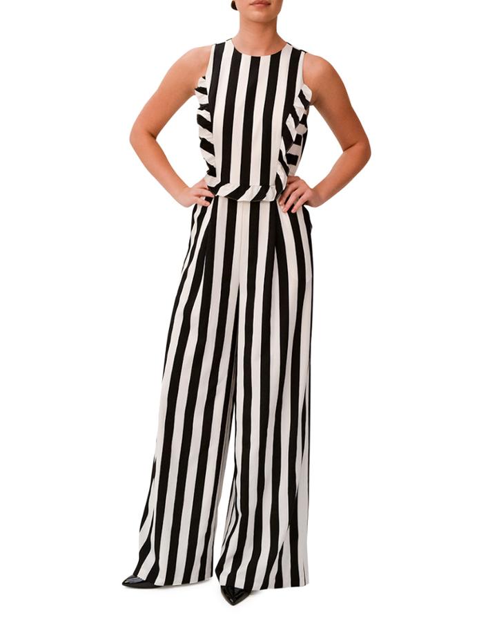 Sleeveless Ruffle-trim Striped Jumpsuit