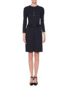 3/4-sleeve Belted Sheath Dress, Navy