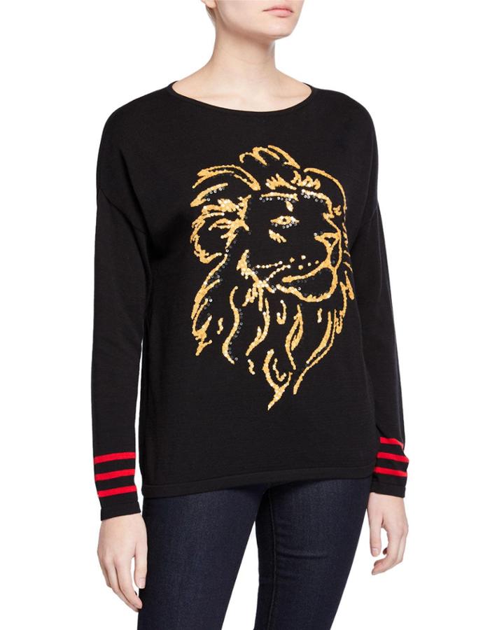 Sequin Lion Intarsia Scoop-neck Sweater W/ Striped
