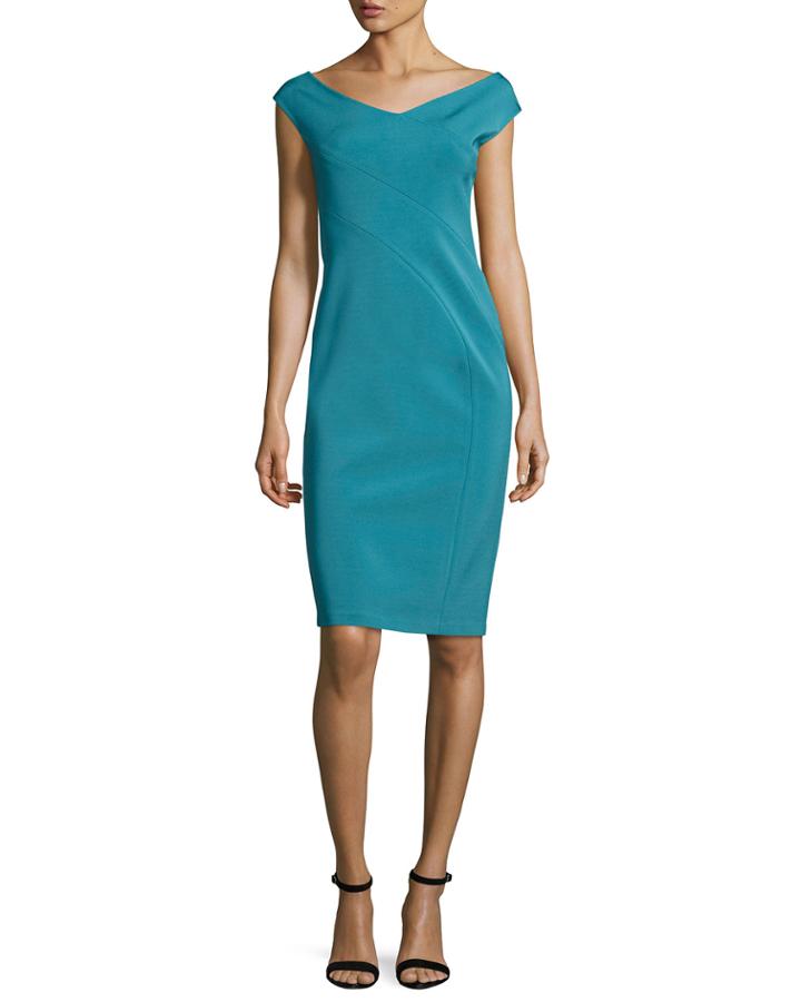 V-neck Jersey Sheath Dress, Turquoise