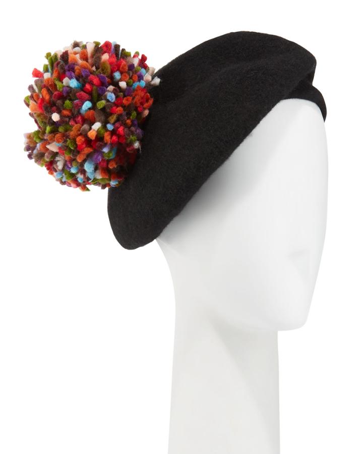 Wool Beret W/ Multicolor Pompom