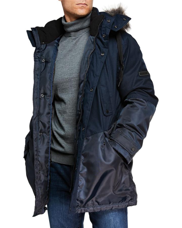 Men's Maxfield Oxford Combo Down Fill Hooded Parka W/ Faux-fur Trim