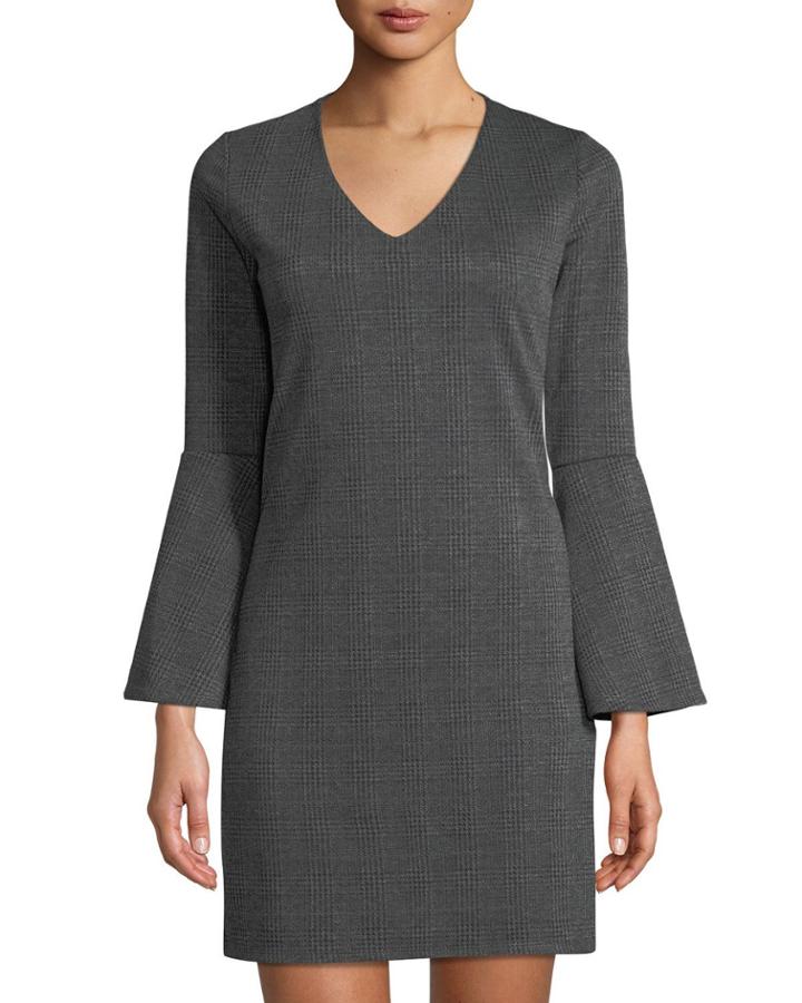 Fluted-sleeve V-neck Plaid Dress
