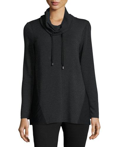 Drawstring Cowl-neck Top, Charcoal