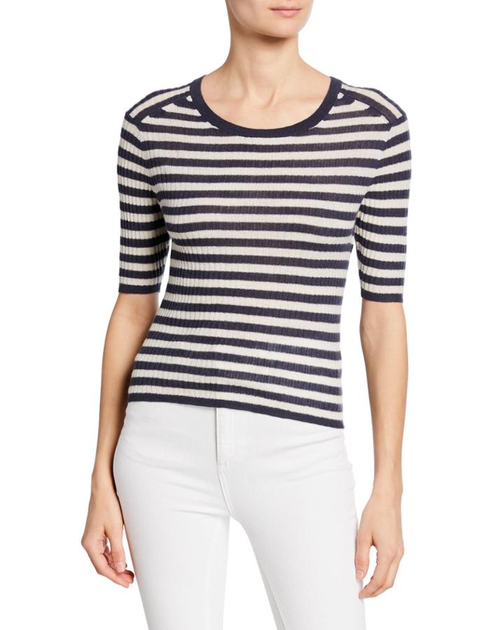Striped Elbow-sleeve Cashmere Top