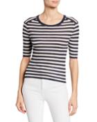 Striped Elbow-sleeve Cashmere Top