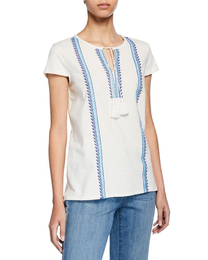Embroidered Top W/ Tassel Tie