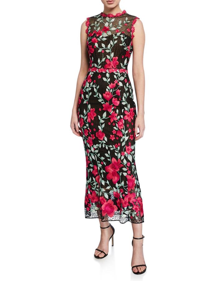 Sleeveless Floral Embroidered Guipure Tea-length Gown