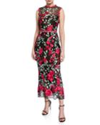 Sleeveless Floral Embroidered Guipure Tea-length Gown