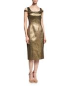 Cold-shoulder Round-neck Metallic Dress, Gold/chocolate