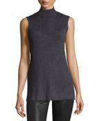 Sleeveless High-neck Ribbed Tunic Tee, Heather Charcoal Gray