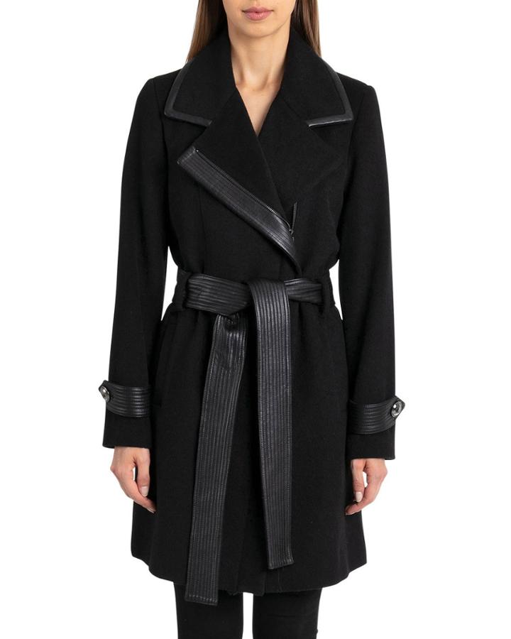 Faux-leather Trim Wool-blend Belted Coat