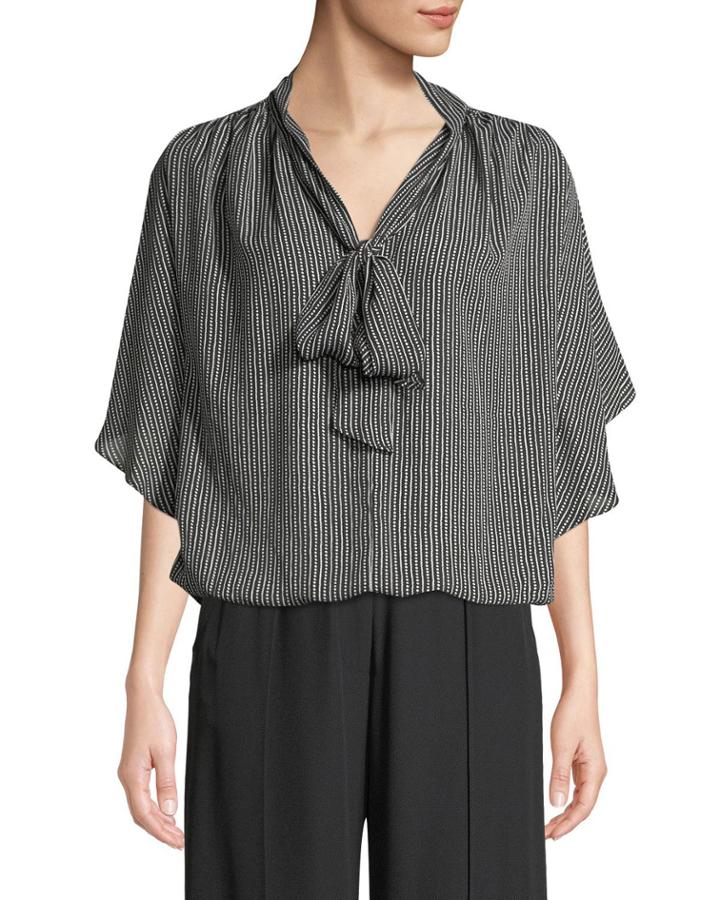 Tie-neck Dot-striped Cape-sleeve Blouse