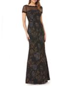 Boat-neck Short-sleeve Floral Matelasse Illusion Gown W/ Eyelash Trim