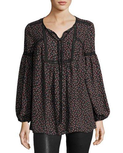 Printed Lace-trim Peasant Blouse