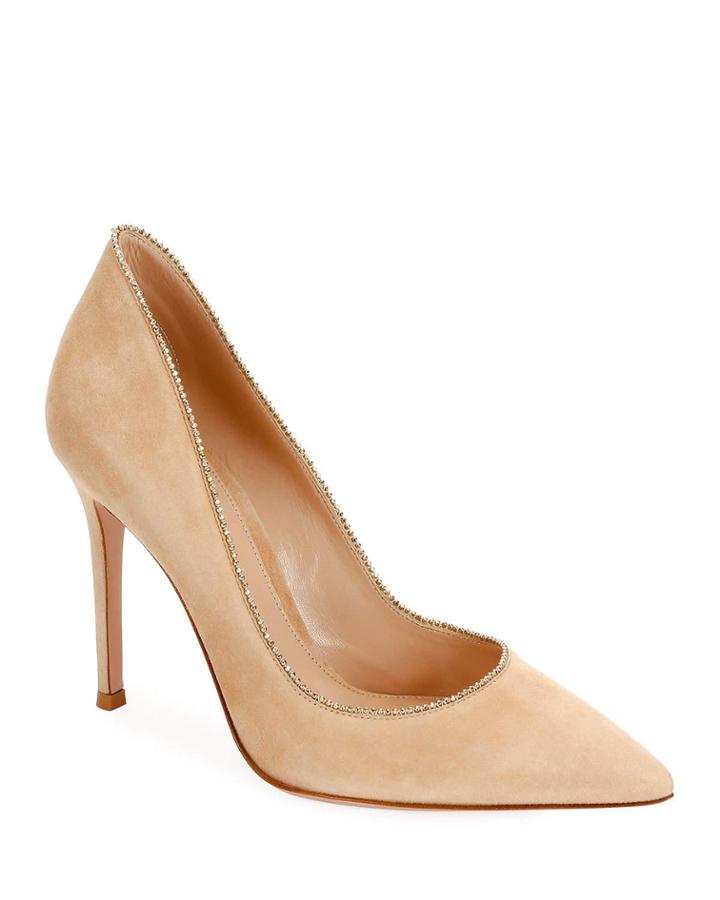 Beaded-trim Suede High-back Pumps