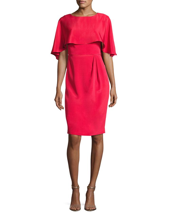 Cape-sleeve Stretch Silk Cocktail Dress, Red