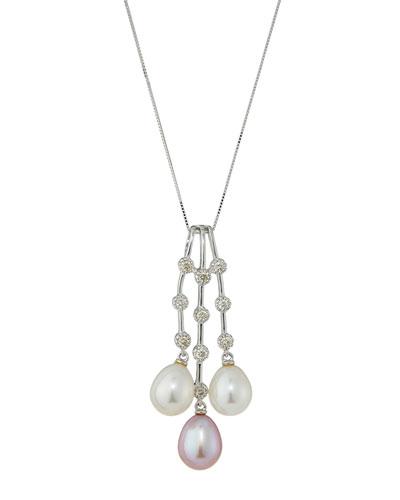 14k White & Pink Pearl Triple-drop Necklace W/ Diamonds
