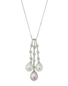 14k White & Pink Pearl Triple-drop Necklace W/ Diamonds
