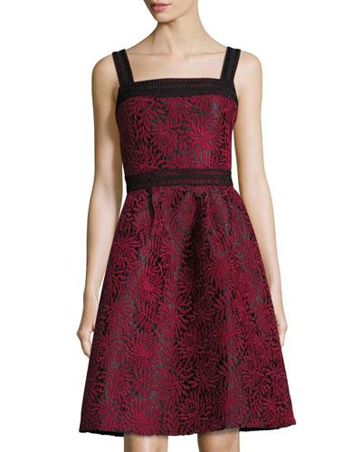 Fit-and-flare Floral-embroidered Dress, Wine Red