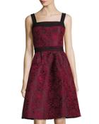 Fit-and-flare Floral-embroidered Dress, Wine Red