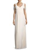 Dotted-mesh Cold-shoulder Gown, Off White