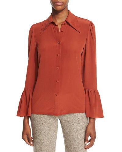 Ruffle-sleeve Silk Button-down Blouse, Burnt