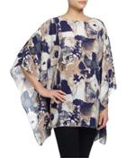 Abstract-print 3/4-sleeve Poncho, Navy/brown