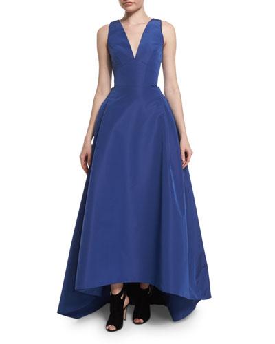 Sleeveless High-low Faille Ball Gown, Cobalt