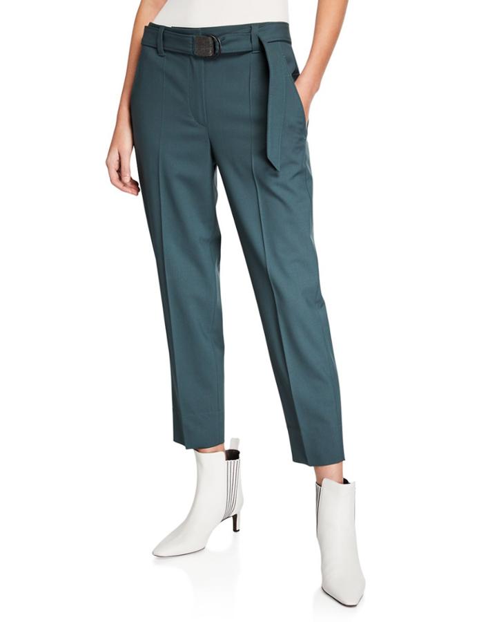 Monili-beaded Belted Straight-leg Pants