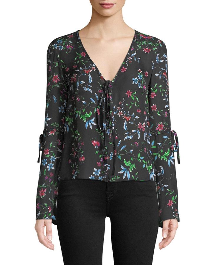 Maggie V-neck Long-sleeve Wildflower-print Silk Georgette Top