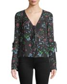 Maggie V-neck Long-sleeve Wildflower-print Silk Georgette Top