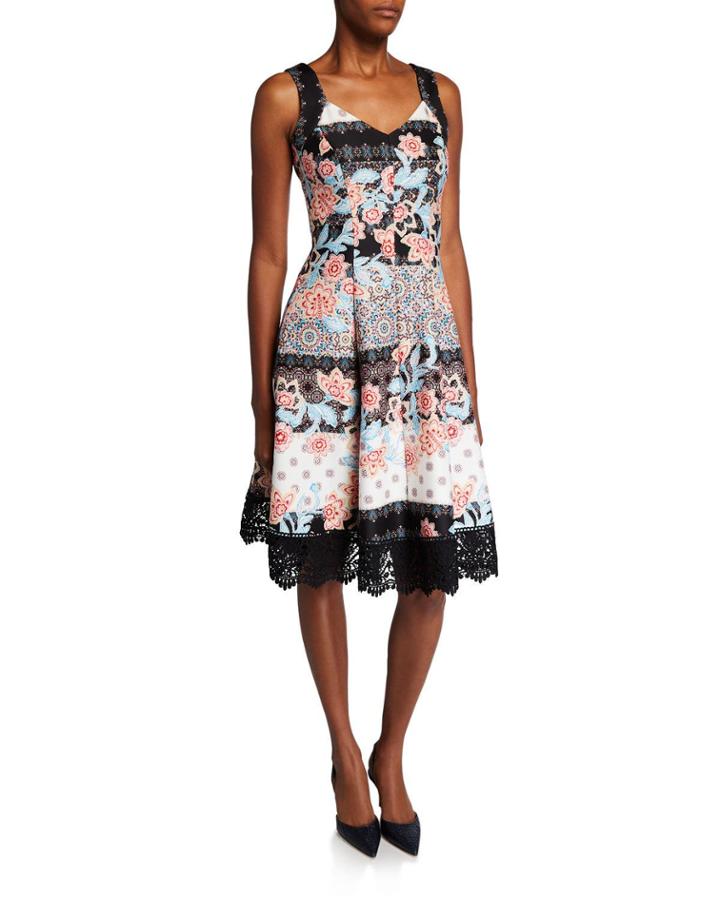 Printed Sweetheart Neck Fit-&-flare Crochet Hem Dress