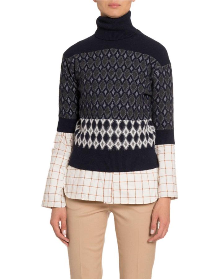 Colorblocked Wool Short-sleeve Turtleneck