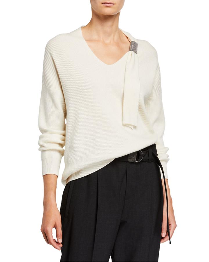Cashmere Monili-beaded V-neck