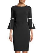 Bell-sleeve Sheath Dress With Contrast Ribbon