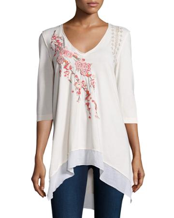 Jwla Voltage Noriko 3/4-sleeve Floral-embroidered Tunic, Brie, Women's,