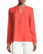 Zip-neck Linen-blend Blouse