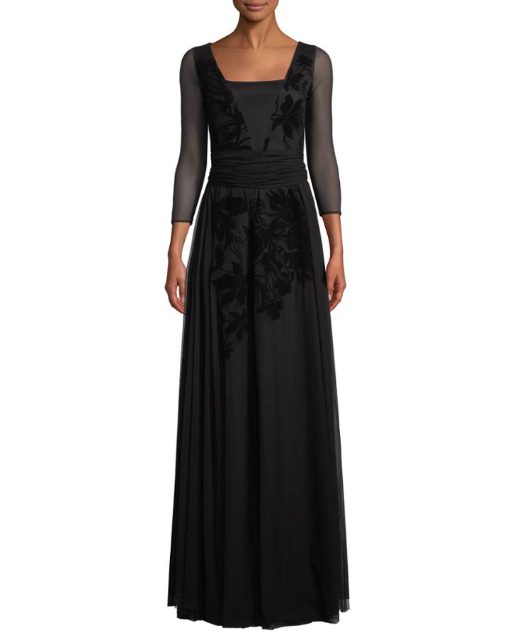 Elise Illusion-sleeve Gown W/ Velvet Embroidery