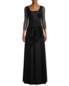 Elise Illusion-sleeve Gown W/ Velvet Embroidery