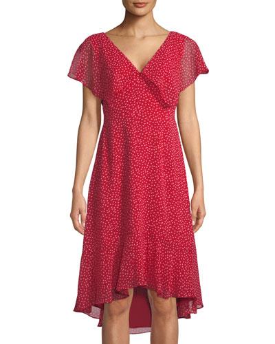 Heart-print Flutter-sleeve Ruffled Chiffon Dress