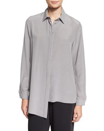 Long-sleeve Asymmetric-hem Silk Blouse,