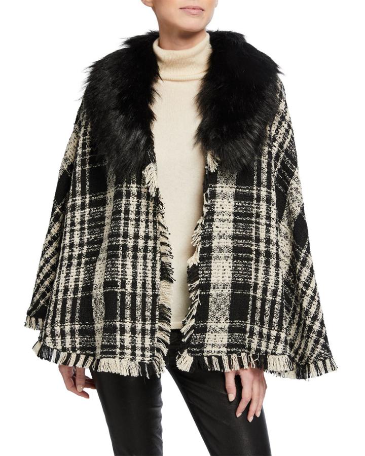 Plaid Cape With Detachable Faux-fur Collar